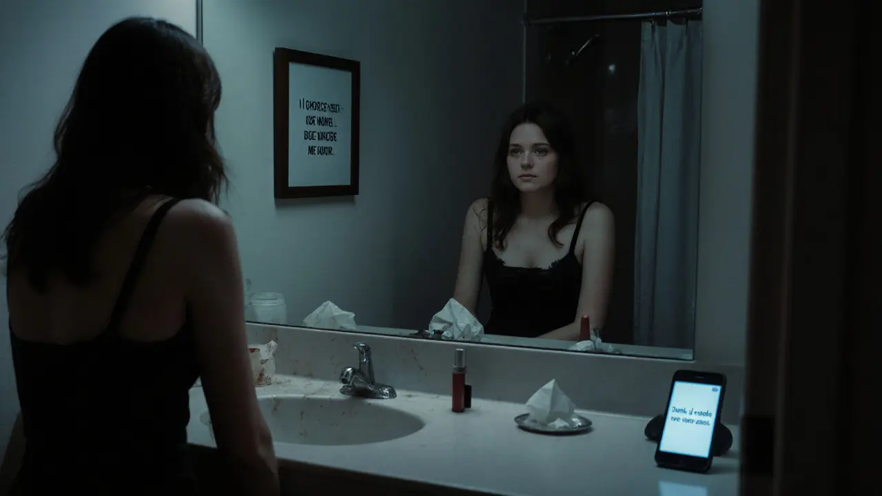 Een escort kijkt in de spiegel na een afspraak, haar gezicht ongesminkt, telefoon met dankbericht op de wastafel.