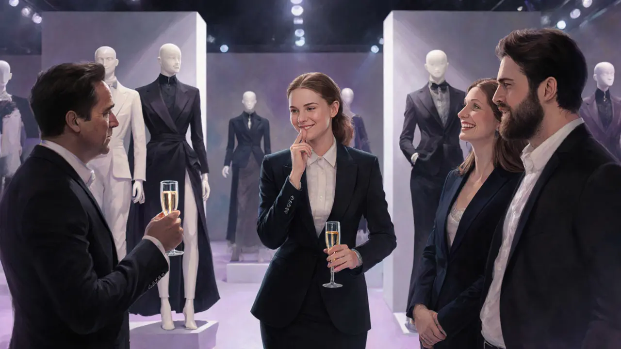 Een escort praat met gasten op een modeshow in Rotterdam, met een glas champagne in de hand.