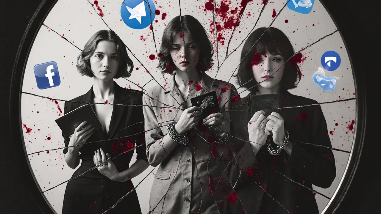 Een gebroken spiegel toont drie gezichten van vrouwen: glamour, ellende en gevangenschap, omringd door digitale logos.