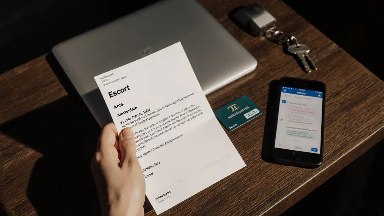 Een gedrukte bevestiging met details van een escortafspraak, naast een laptop en telefoon, symboliserend transparantie en veiligheid.