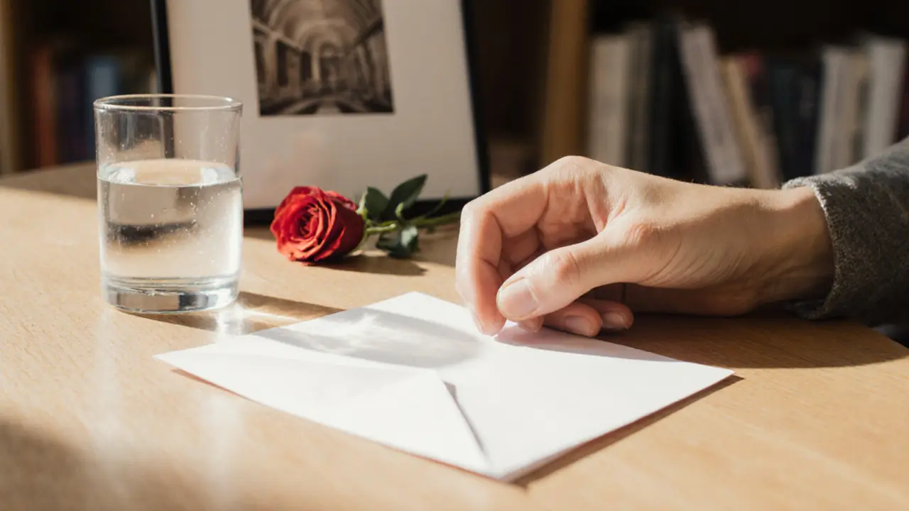 Een gevouwen brief en een roos op een houten tafel, symbool van vertrouwen en respect in een escort-afspraak.