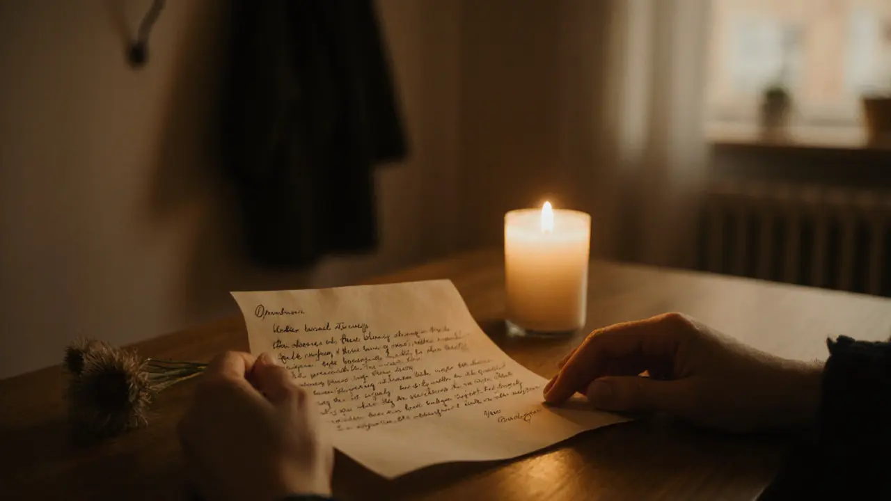 Een handgeschreven brief en een droge bloem op een houten tafel, met een kaars als enige lichtbron.
