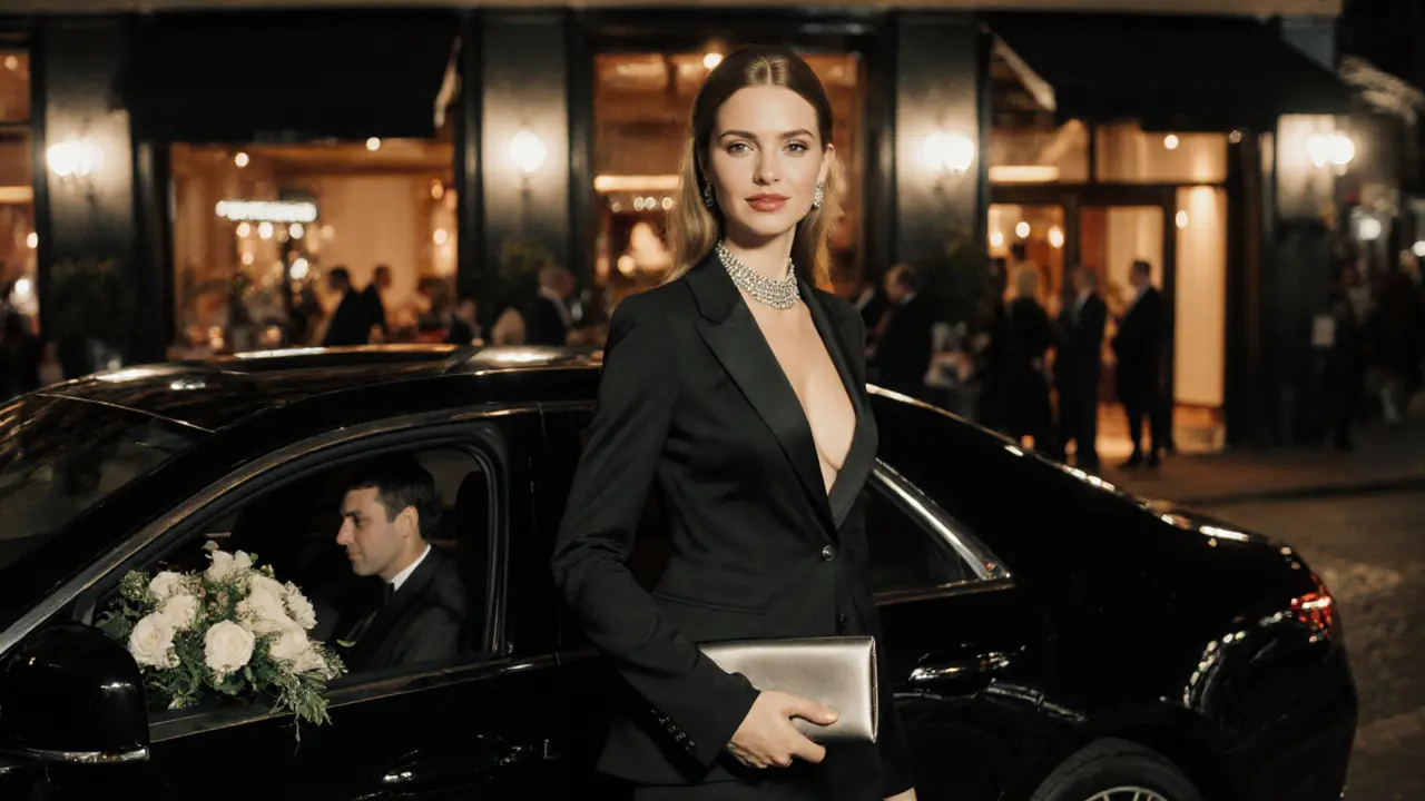 Een high-end escort in een avondjurk bij een luxueus restaurant, met een auto en bloemen.