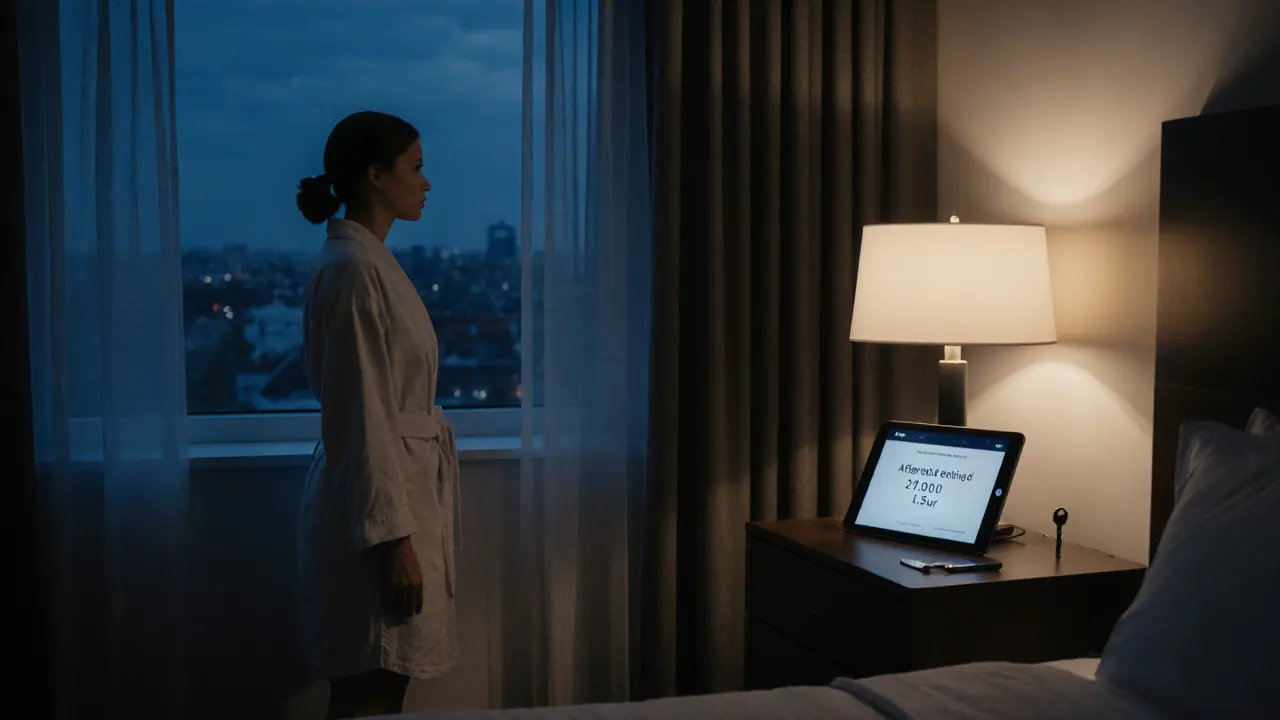 Een hotelkamer met een digitale bevestiging en een sleutel op de nachtkast, zonder mannen zichtbaar.