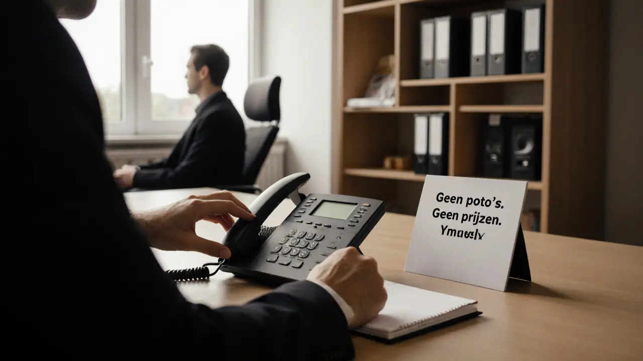 Een kantoor in Leiden met een telefoon en een bordje dat geen foto’s of prijzen toestaat.
