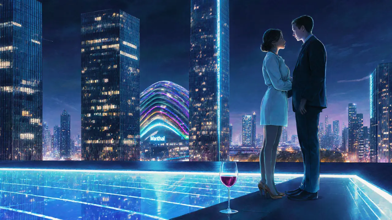 Een koppel geniet van het uitzicht op de moderne skyline van Rotterdam vanaf een dakterras.