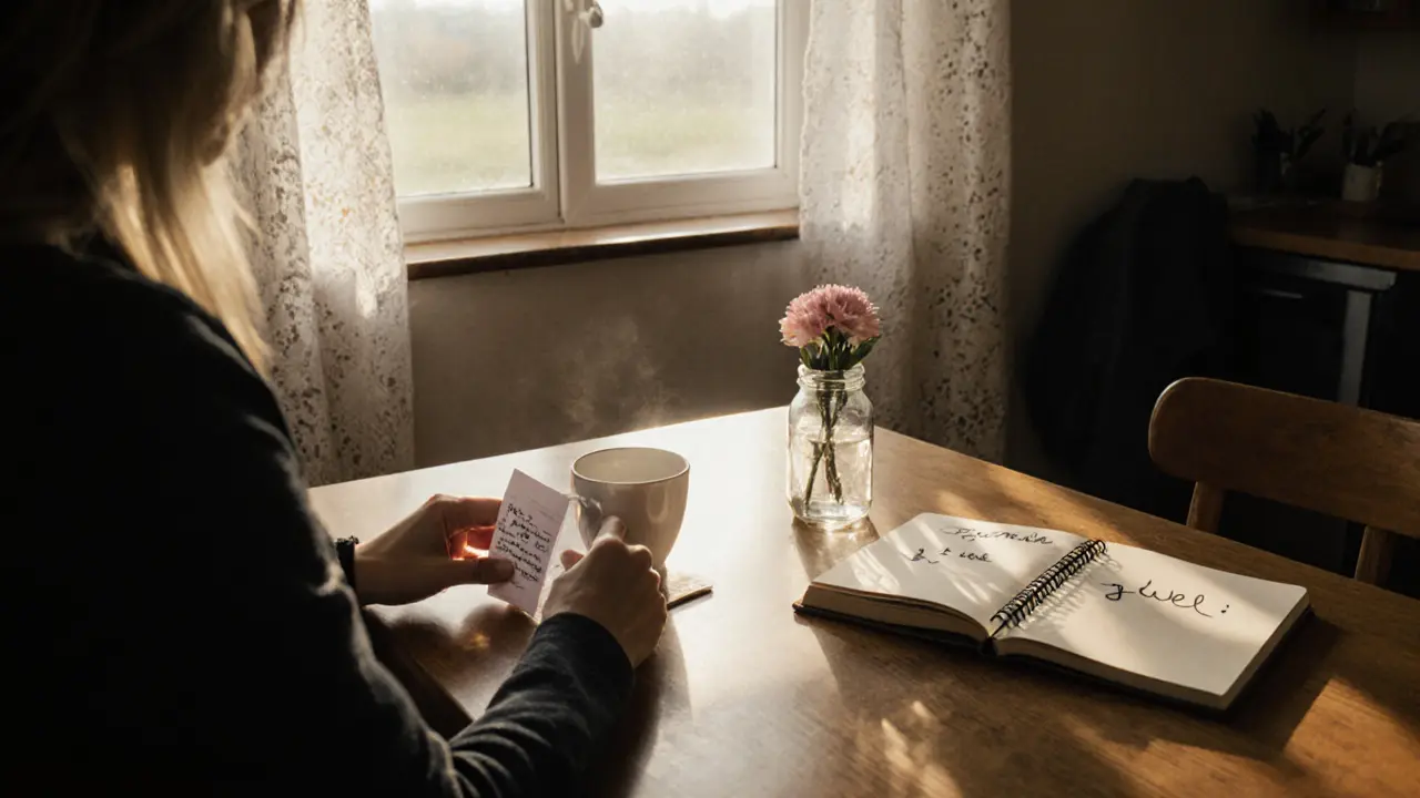 Een lege stoel in een boerderijkeuken, met een koffiekop en een briefje op de tafel.