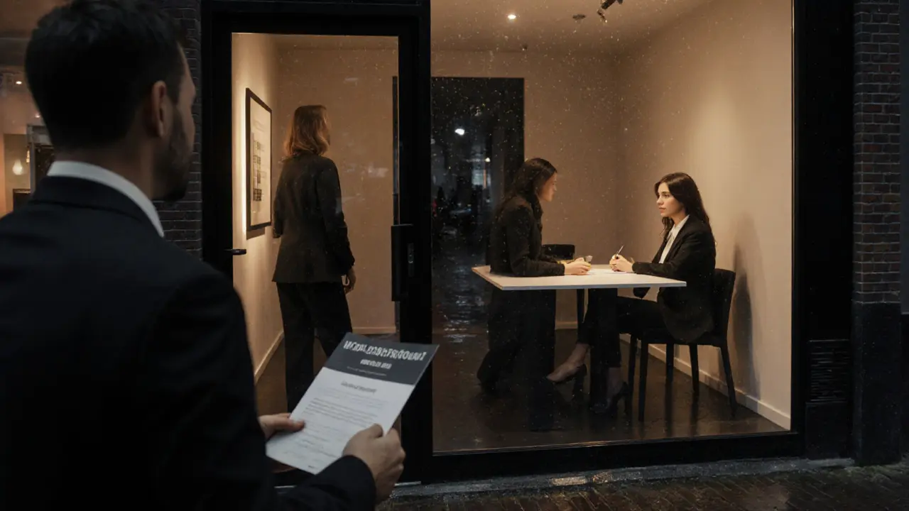 Een man buiten een escortbureau die een boeking bevestigt terwijl een vrouw binnen werkt.