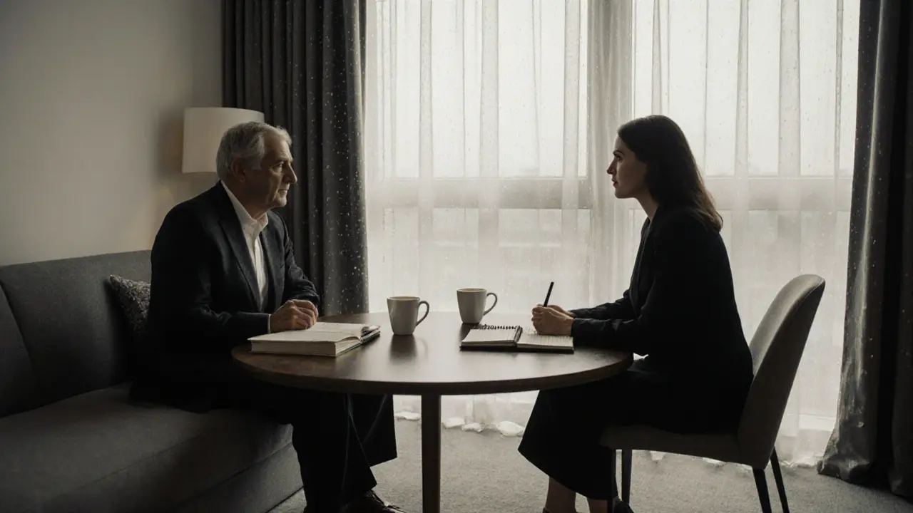 Een man en een escort in een hotelkamer, koffie en een notitieboekje, stilte en gesprek.