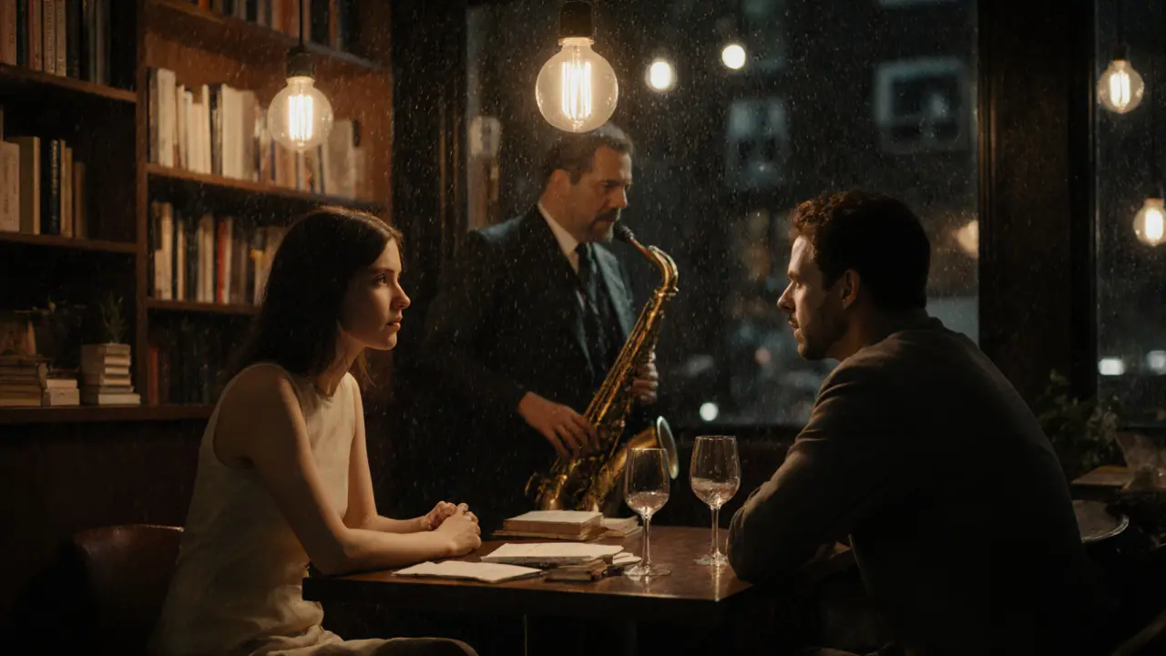 Een man en een vrouw in een jazzcafé, diep in gesprek bij zachte muziek.