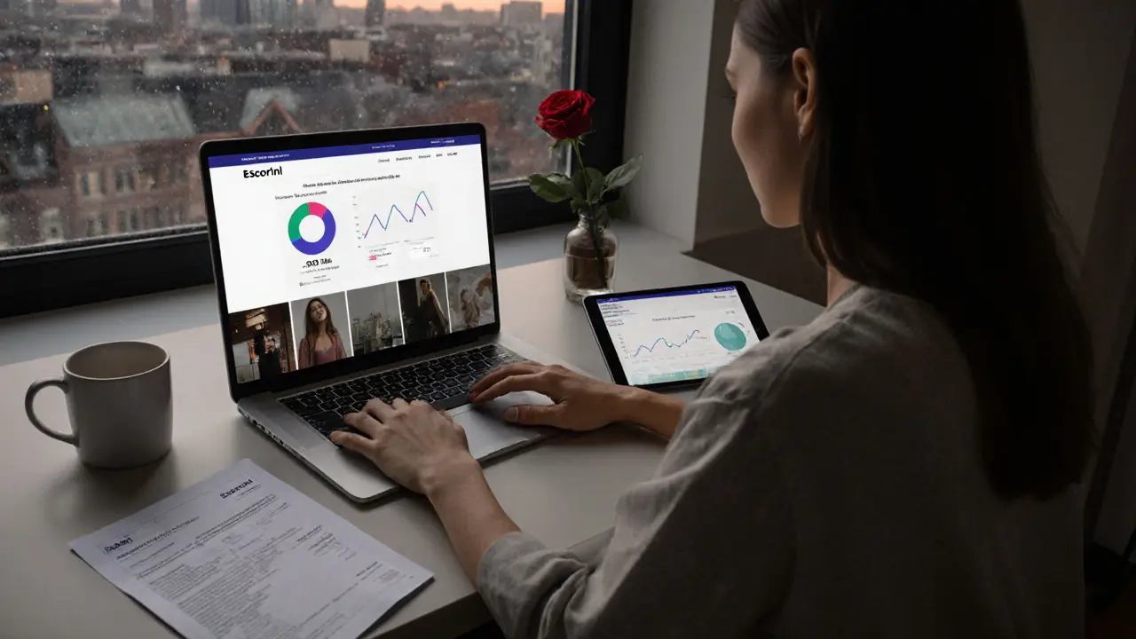 Een moderne callgirl werkt vanuit huis met laptop en tablet, omringd door bewijzen van haar professionele activiteiten.