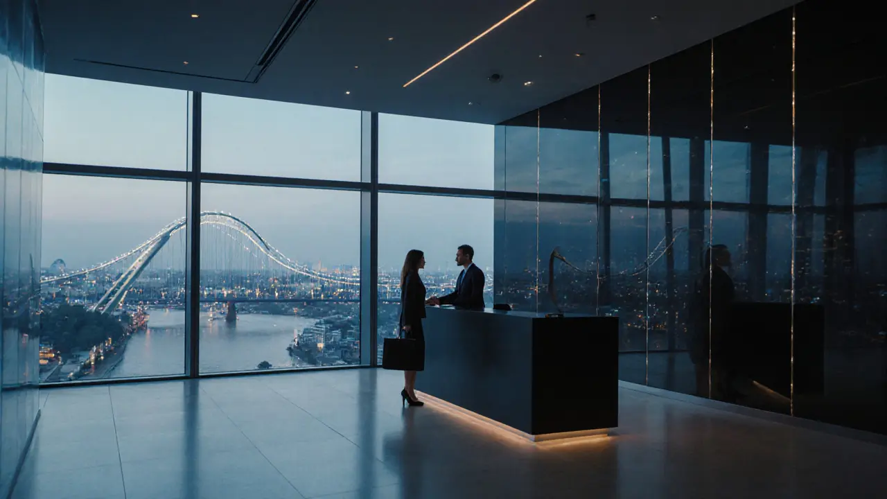 Een moderne kantoorgebouw in Rotterdam met een klant en escort bij de receptie.