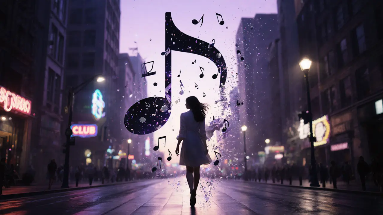 Een muzieknoot verandert in een vrouw die opgaat in de stadssfeer van nachtleven en muziek.