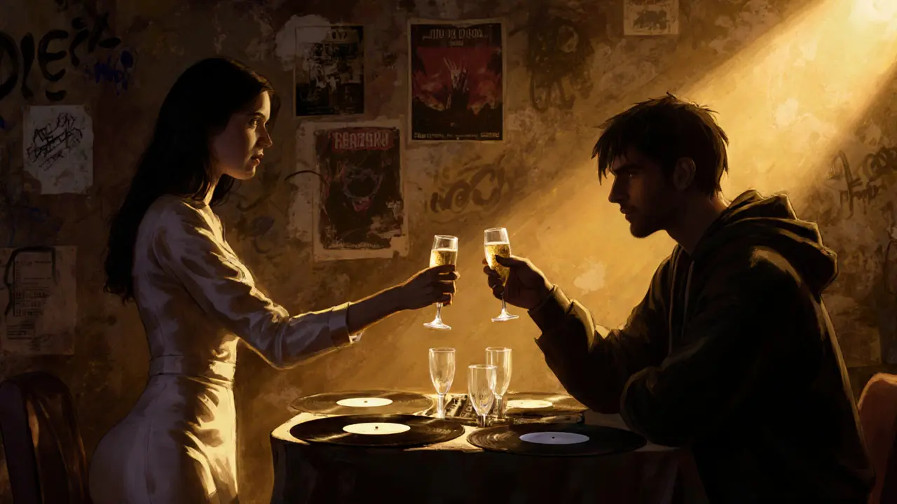 Een muzikant en een escort delen een glas champagne achter de schermen van een club.