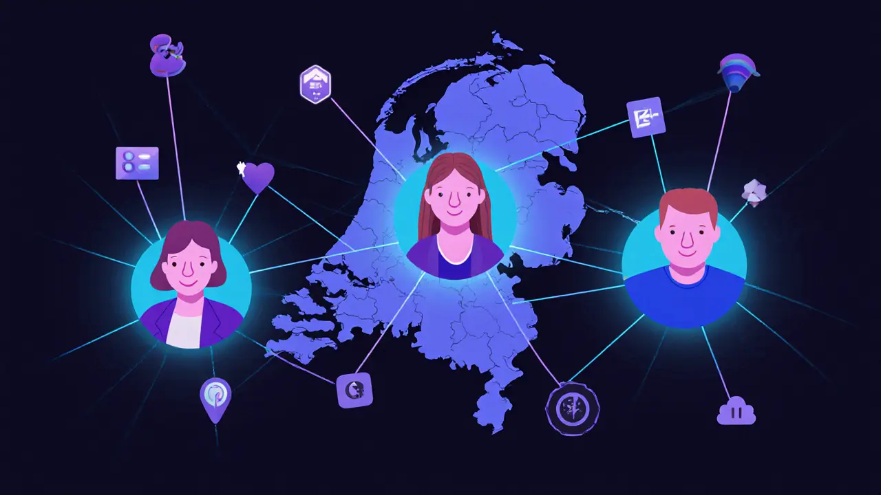 Een netwerk van lichtverbindingen tussen mensen in Nederland, symboliserend vertrouwen en ondersteuning in de LGBTQ+ escortscene.