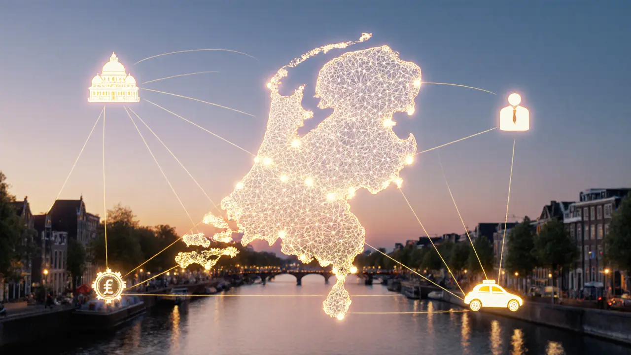 Een netwerkkaart van Nederland met verbindingen naar wereldsteden, gekoppeld aan symbolen voor toeristische activiteiten.