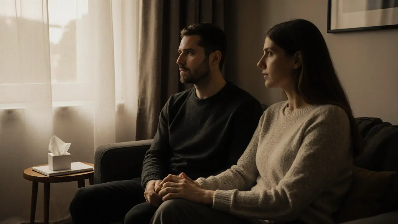 Een paar in therapie, handen vasthoudend, zonlicht door gordijnen, gezichten vol kwetsbaarheid en hoop.