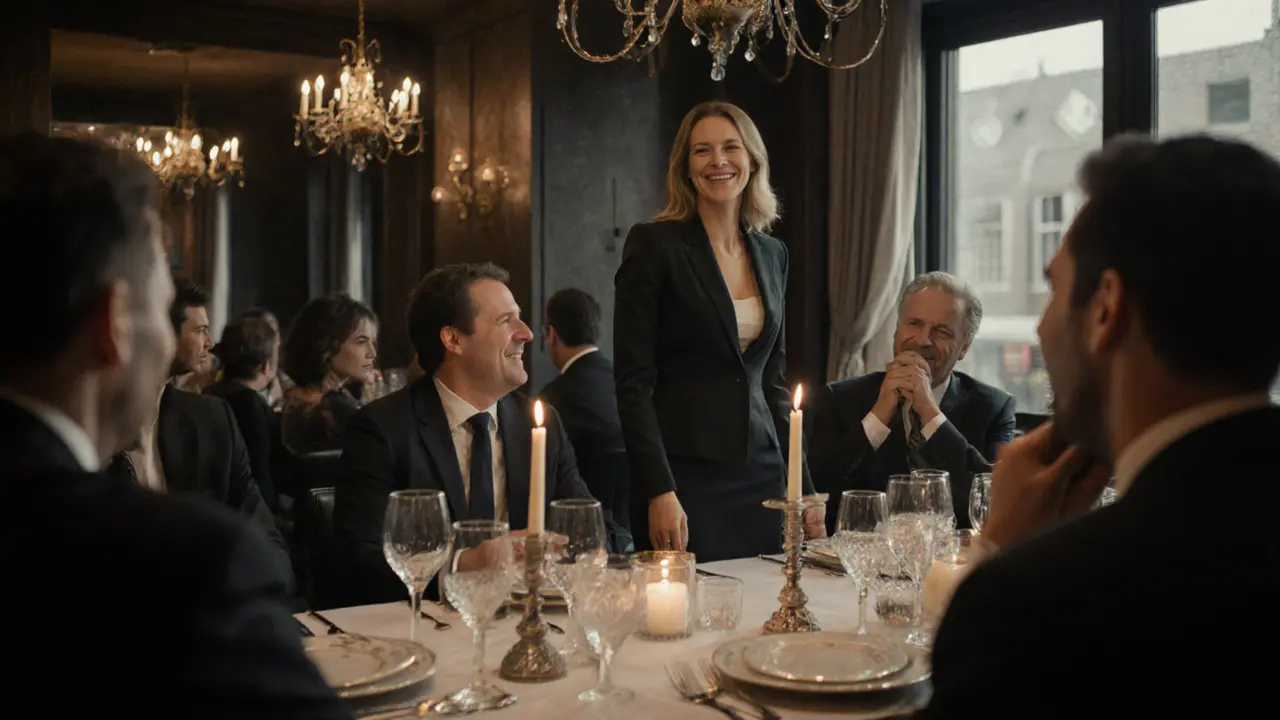 Een professionele vrouw lacht met zakelijke gasten tijdens een dinertje in Rotterdam.