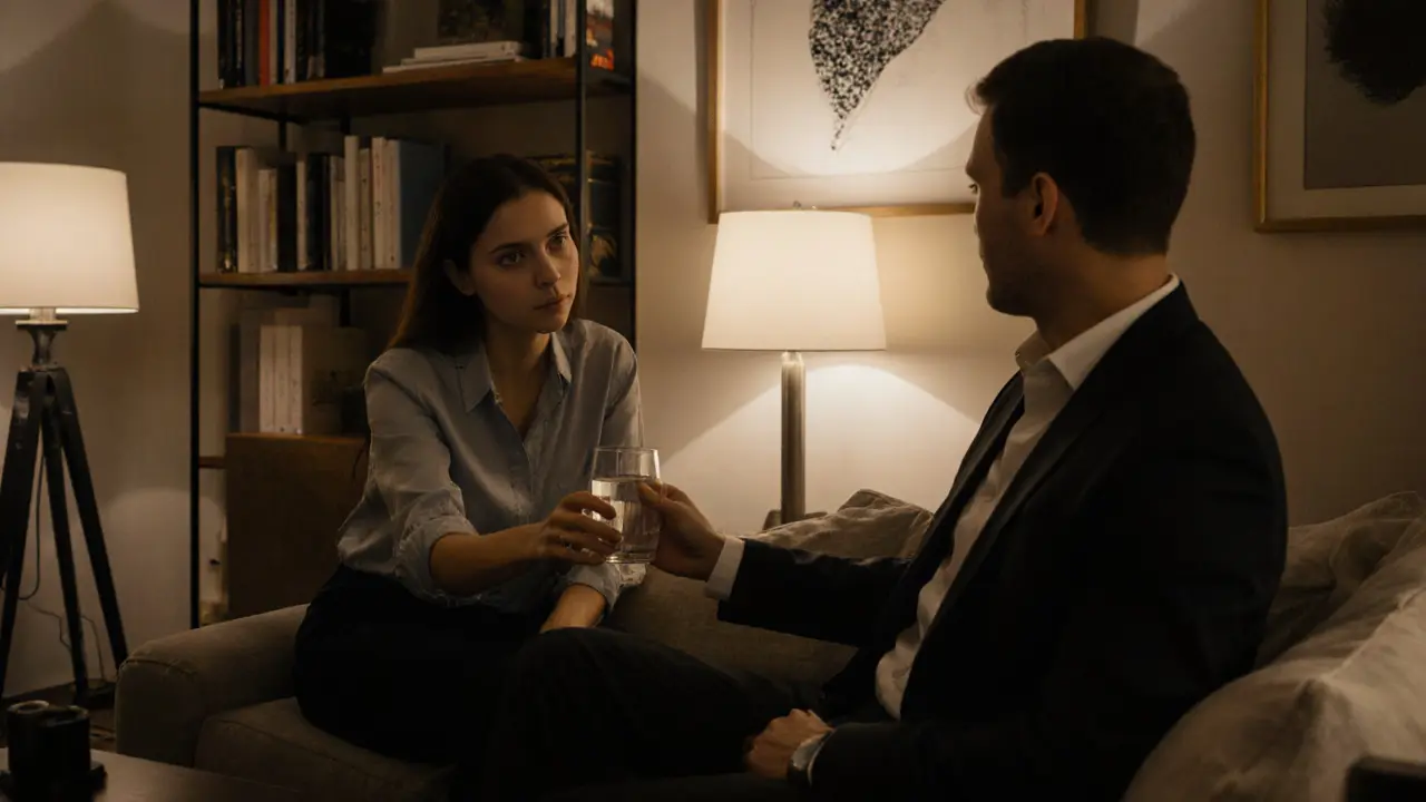 Een rustige luxe woonkamer in Utrecht met een escort en klant in een beschaafde sfeer.