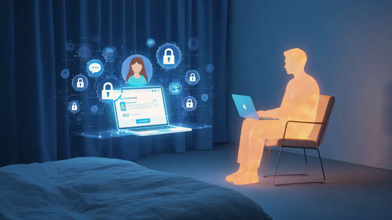 Een virtuele metgezel in een licht kamer met holografische chat- en betalingsymbolen.