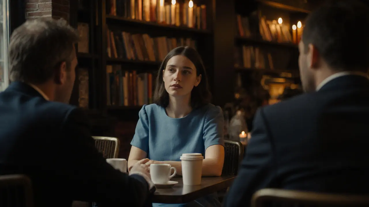 Een vrouw en een man in een café in Utrecht, rustig gesprek voerend over koffie, sfeer van respect en verbinding.