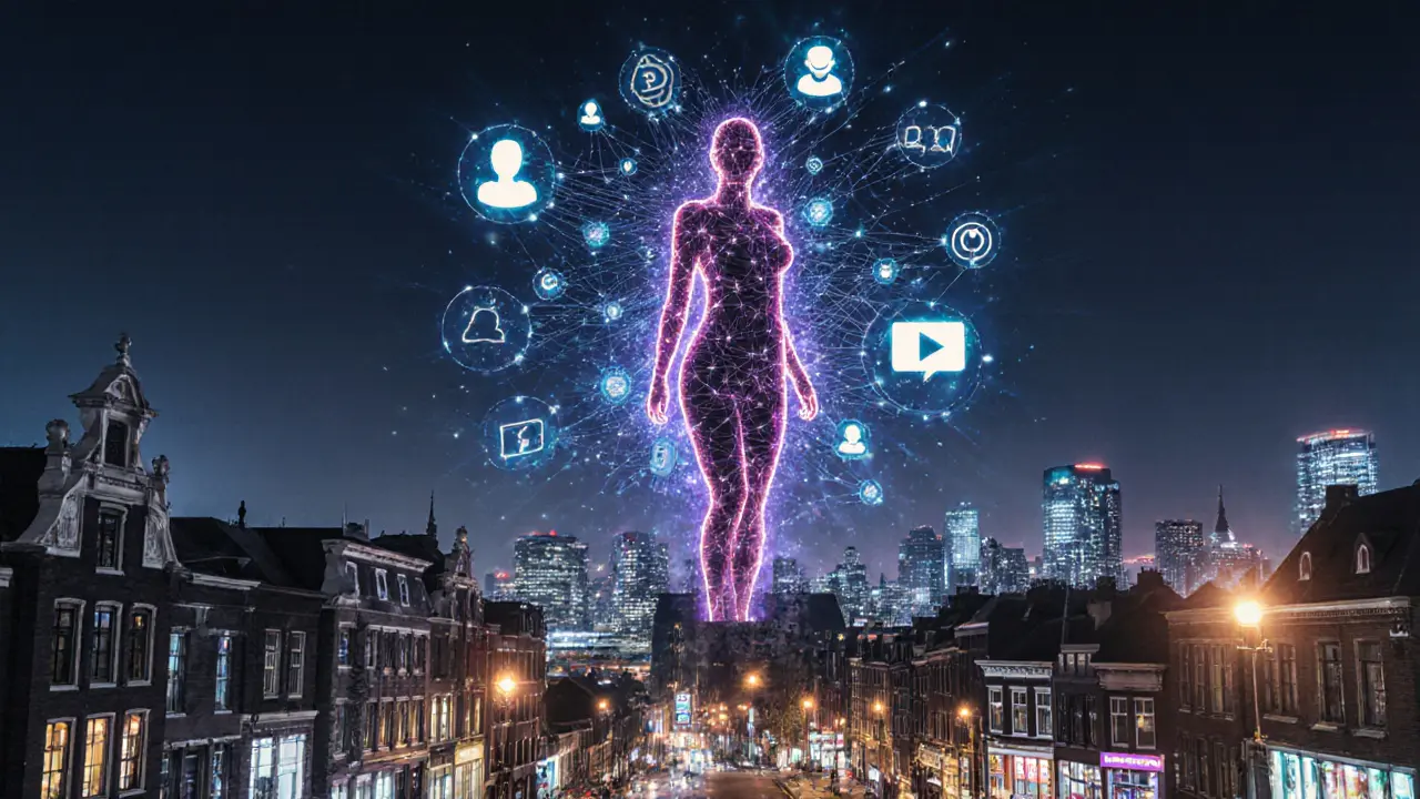 Een vrouw staat op een stadssilhouet, omgeven door digitale symbolen van moderne dienstverlening.