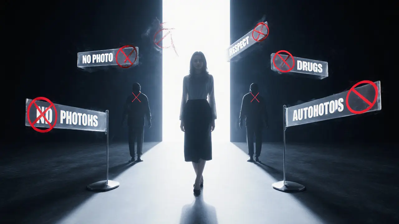 Een vrouw staat sterk in het midden, omringd door verboden gedragingen die verdwijnen.