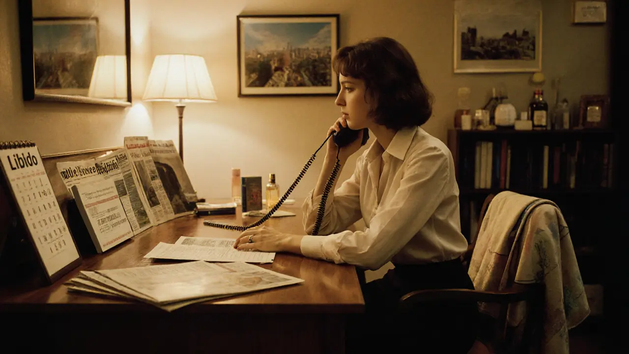 Een vrouw werkt in een gezellige salon uit de jaren tachtig, met telefoon, kranten en een kalender vol afspraken.