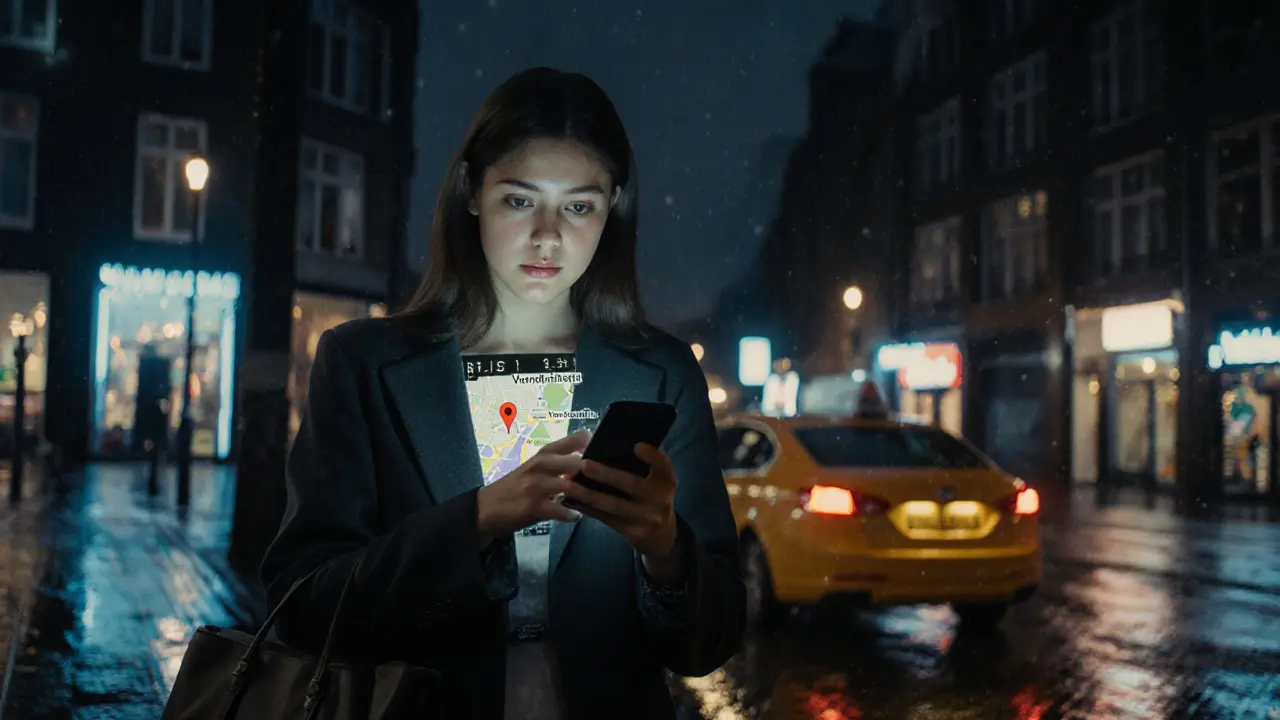 Escort staat bij een appartementengebouw &#039;s avonds, kijkt naar haar telefoon met locatie op het scherm.