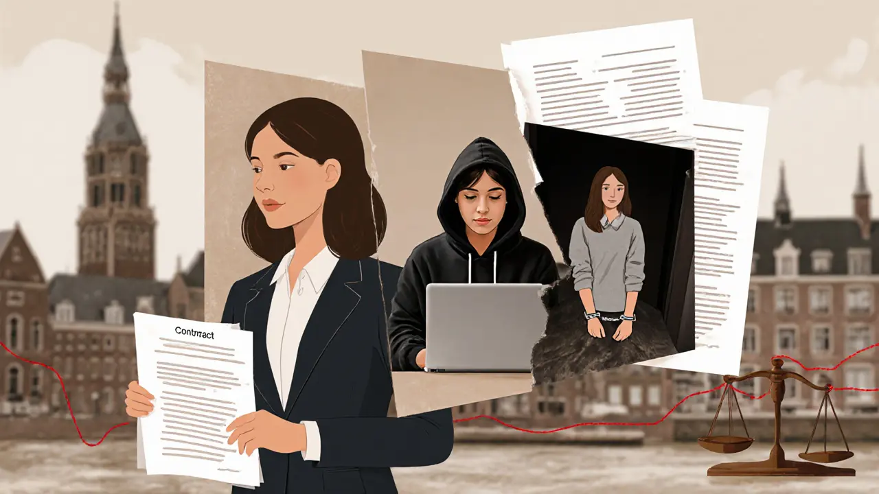 Gebroken spiegel met drie vrouwen die verschillende aspecten van prostitutie in Nederland vertegenwoordigen.