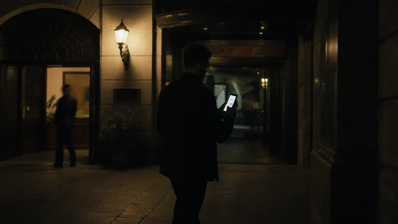 Man leaving hotel entrance, phone showing location shared with a friend for safety.