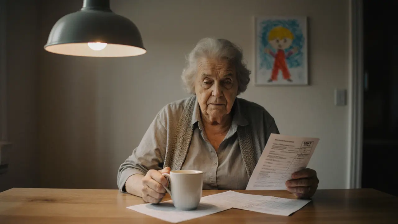 Middelbare vrouw op keukentafel met medische afspraak en bankverklaring, kindertekening aan de muur.