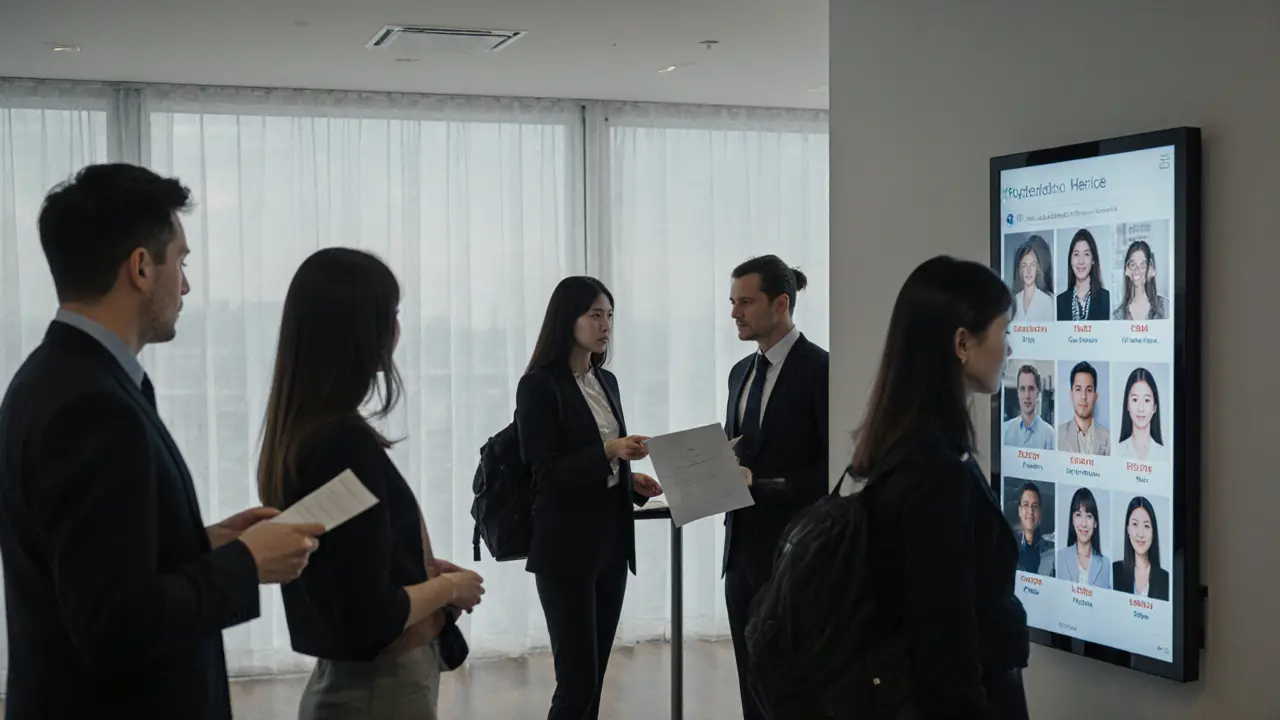 Toeristen betreden een moderne escortbureau-lobby met digitale profielen en een receptie, in een nette, zakelijke omgeving.