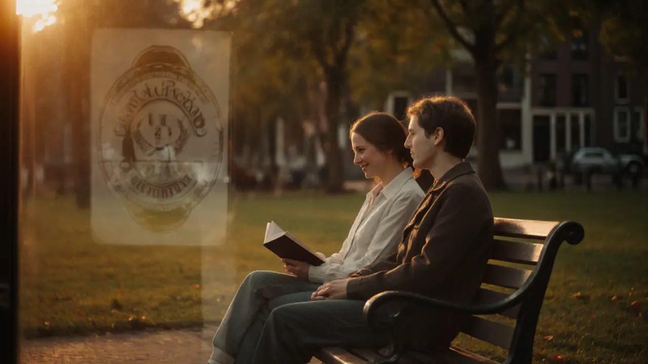 Twee mensen op een bank in een Leidse park, met een subtiel bureaulogo in de reflectie.