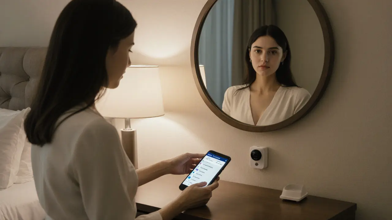 Vrouw controleert beveiligingscamera in hotelkamer, professioneel en rustig.