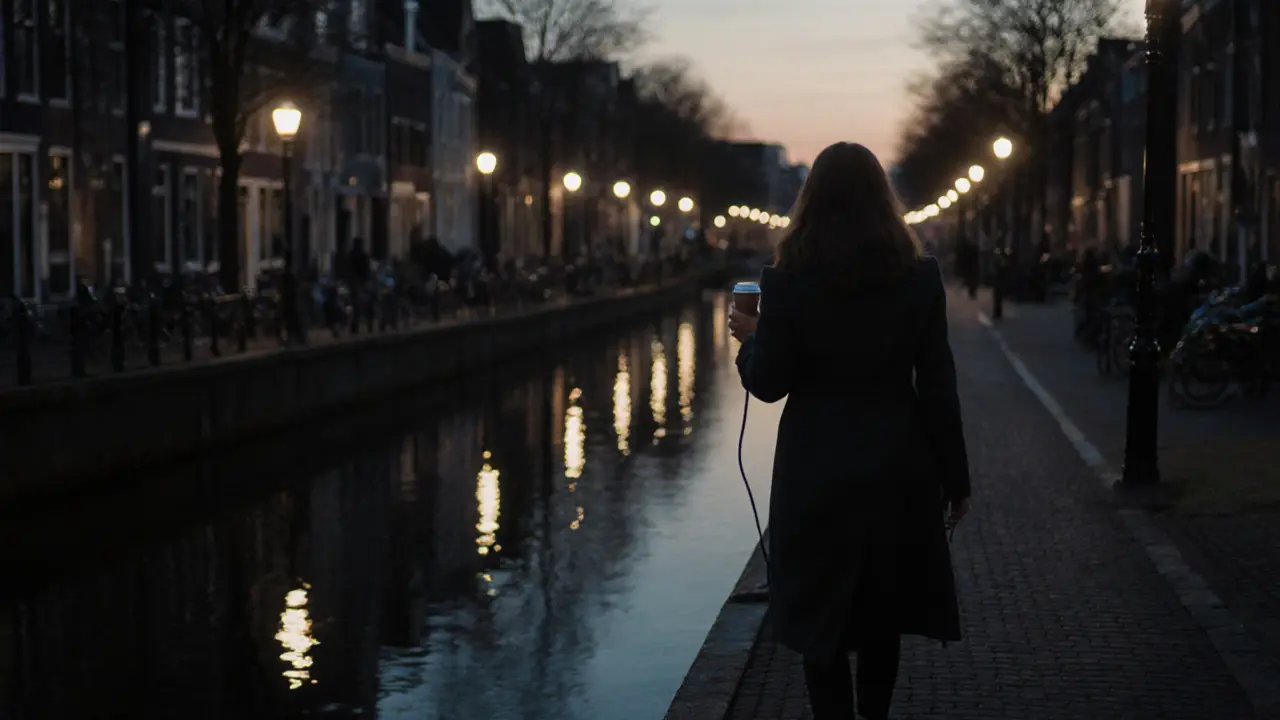 Vrouw loopt alleen langs een kanal bij schemer, met een kopje thee en haar hond.