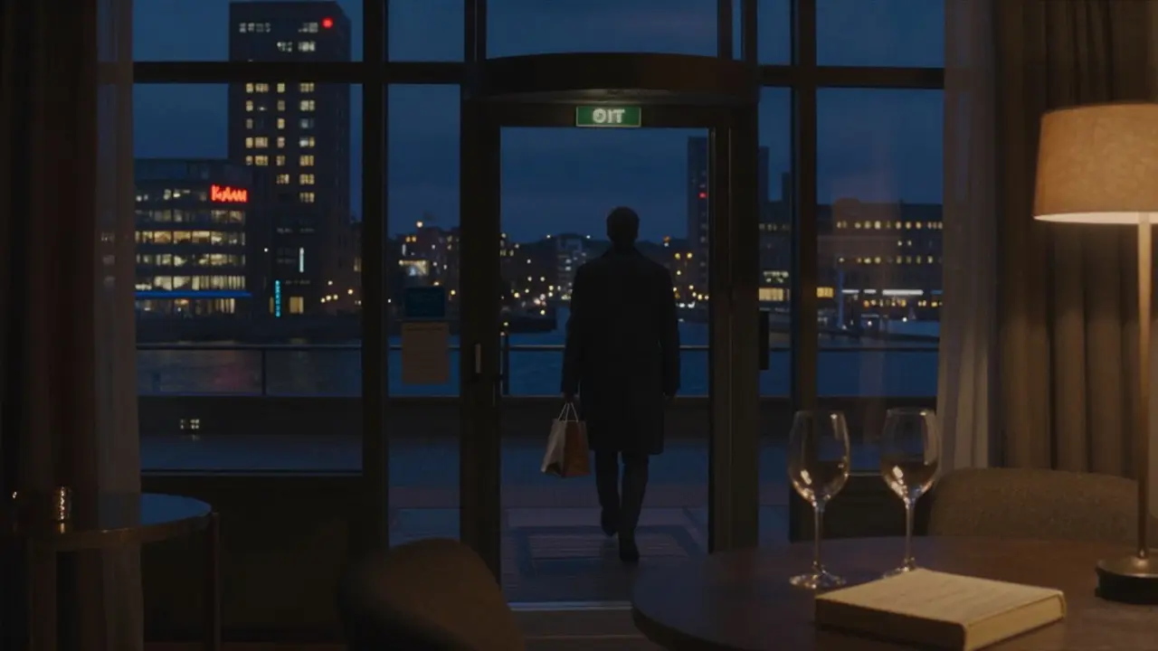 Een persoon loopt weg van een hotelkamer in Rotterdam, de stad licht op in de avond, met twee glazen op tafel als sporen van een stil gesprek.