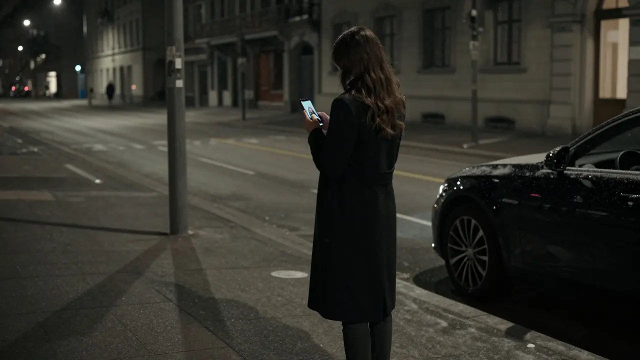 Een vrouw in Zürich staat alleen op een besloten straat, smartphone in hand, discretie en luxe uitstraling.