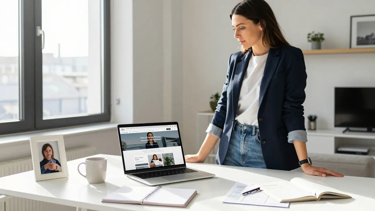 Een vrouw werkt vanuit haar huis in Utrecht, met een professionele website op haar laptop en een foto van haar kind op de tafel.